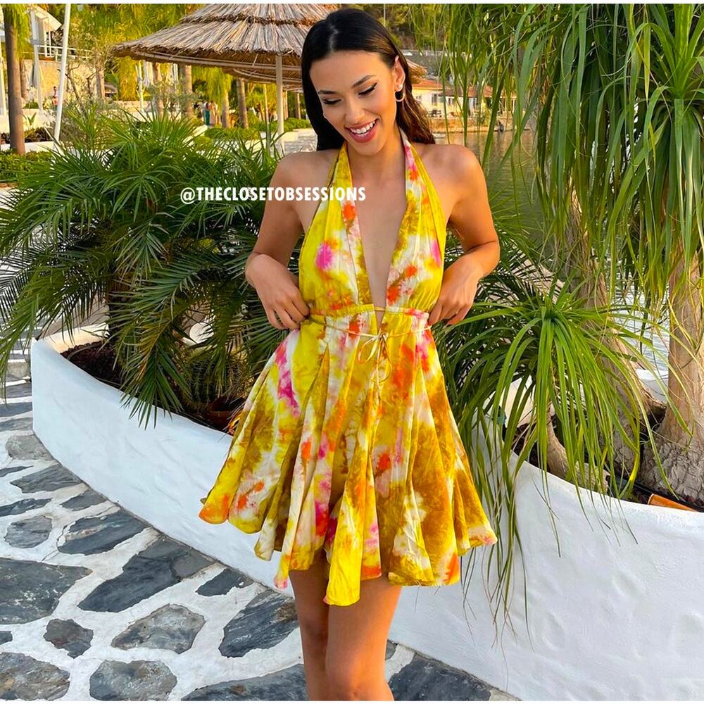 ZARA Yellow Floral Halter Mini Dress Open Back Resort Vacation Sundress NWT - Picture 14 of 16
